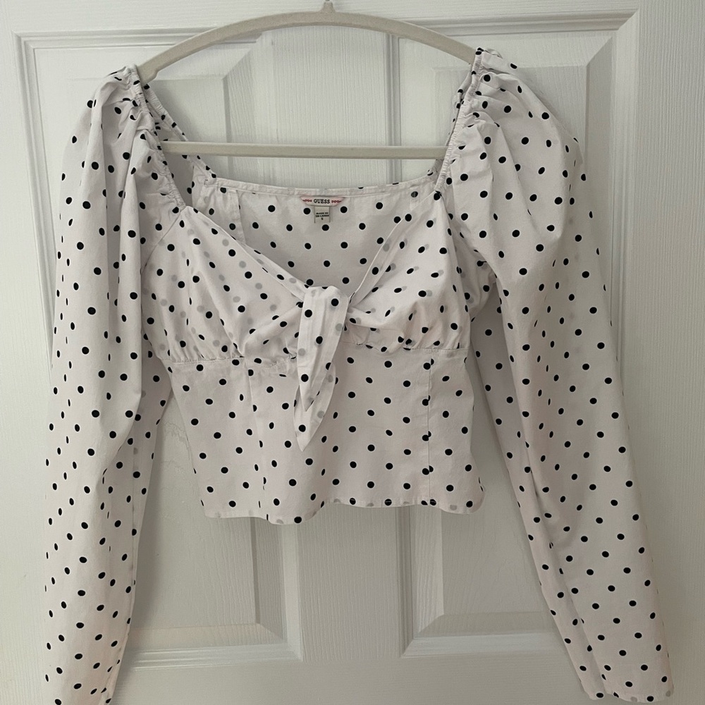 Guess White Puff Sleeve Blouse with Tie Front